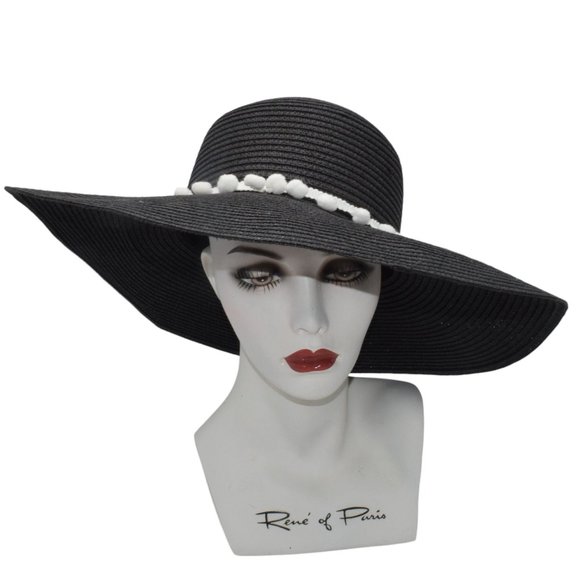 Black Wide Brim Straw Sun Hat Pom Embellished - Picture 1 of 8